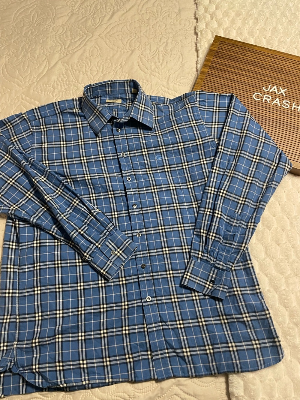 Burberry Blue and White Plaid Button-Down Shirt